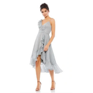 Mac Duggal‎ Metallic Polka Dot Ruffled Faux Wrap Midi Dress, Slate Gray, Size 0